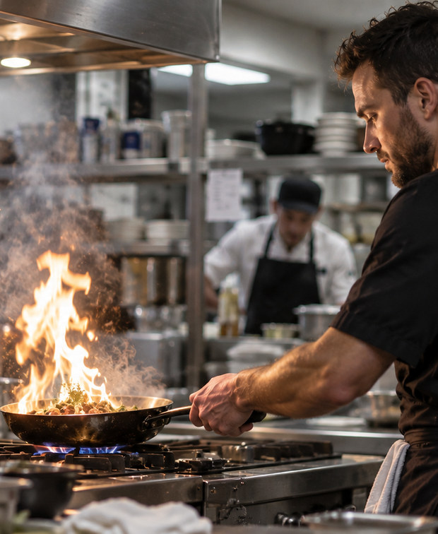 Un cuisinier devant une flamme vive en cuisine
