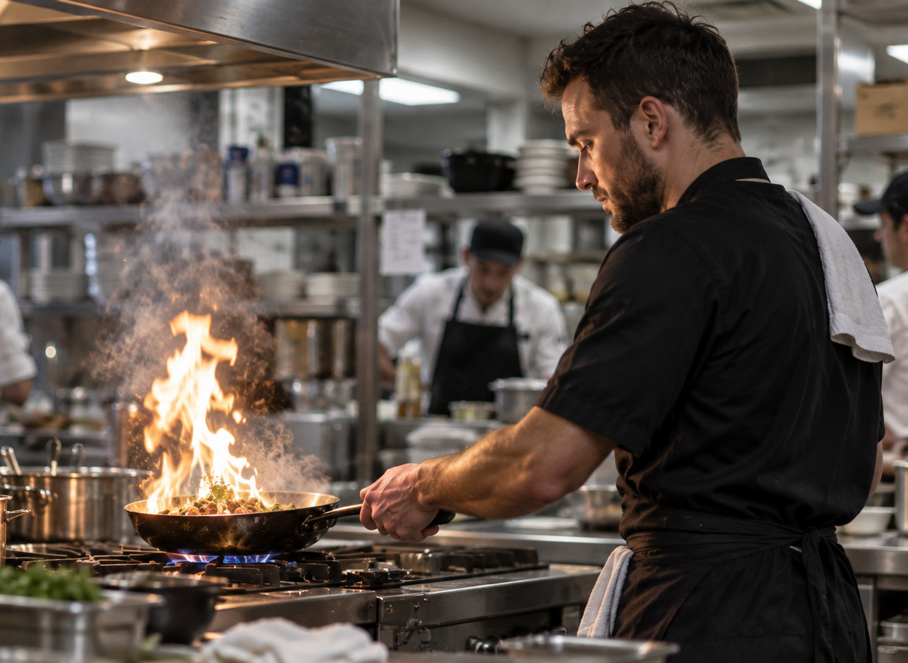 Le poste de cuisson au feu pendant le service