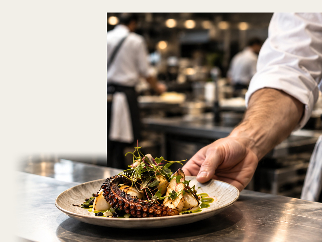 La cuisine ouverte pendant le service, vue depuis la salle