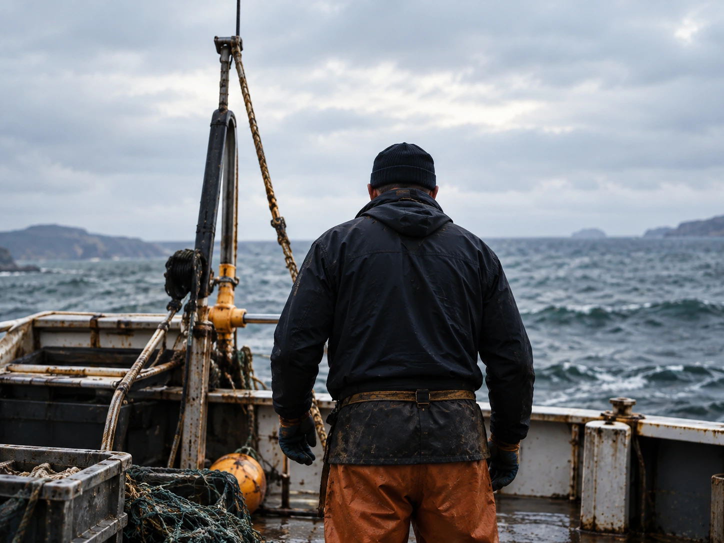 Un pêcheur de dos sur le pont d'un bateau, face à la mer agitée