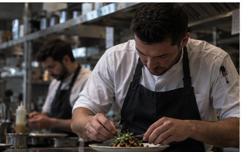 Deux cuisiniers dressent une assiette au passe, en plein service