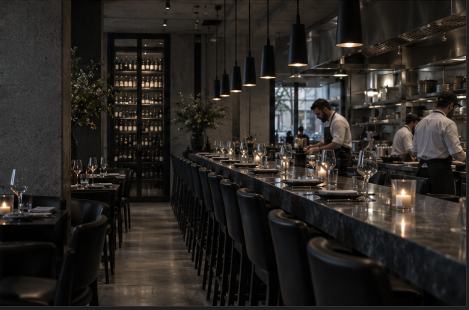 Le long comptoir face à la cuisine ouverte, l'équipe en service