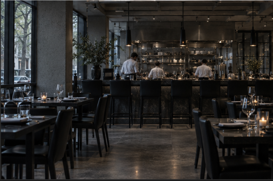 La salle, ses tables dressées et la cuisine ouverte au fond
